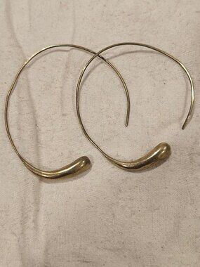Vintage Mid Century Modernist Brass Teardrop Open Hoop Threader Earrings
